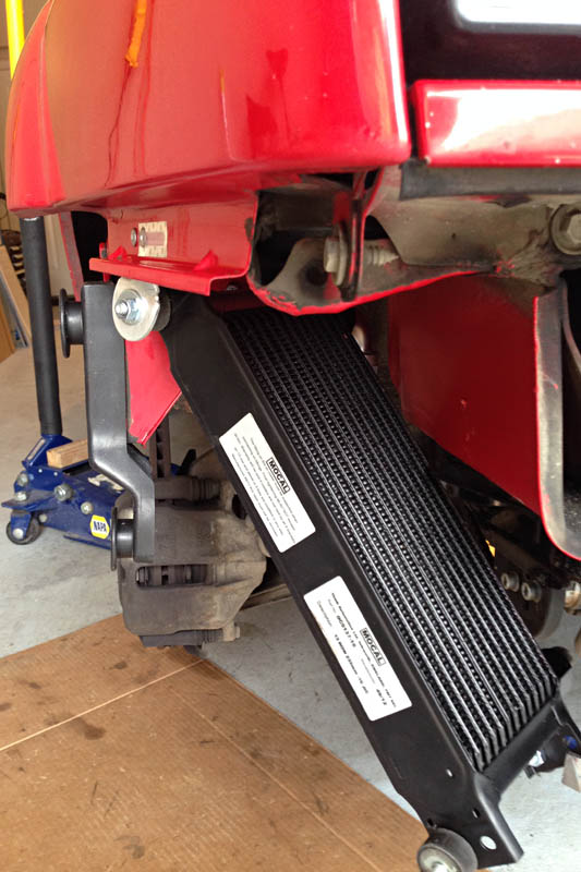 A view of the oil cooler from the front. Despite appearances, there is about ½" clearance between the cooler and the frame.